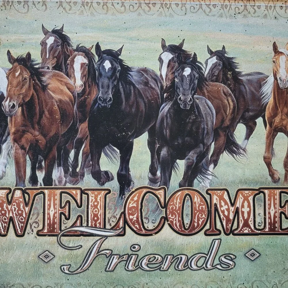 Running Horses Rustic Metal Tin Sign Welcome Friends Western Decor 16